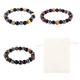 3шт. 3 стили 8мм круглые натуральные бусины тигрового глаза, черного оникса, черного обсидиана и синтетического немагнитного гематита, эластичные браслеты для женщин и мужчин, с 3шт. мешковинками для упаковки