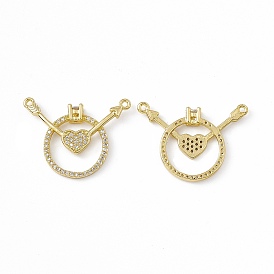 Brass Micro Pave Clear Cubic Zirconia 2-Loop Pendants, Ring with Heart & Arrow Charm