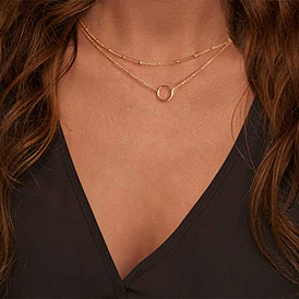 Jewelry Simple Ring Double Layer Necklace Copper Bead Chain Clavicle Chain Gold Circle Pendant Necklace