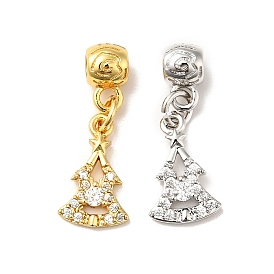 Rack Plating Brass Micro Pave Clear Cubic Zirconia Pendants, Long-Lasting Plated, Cadmium Free & Lead Free, Christmas Tree