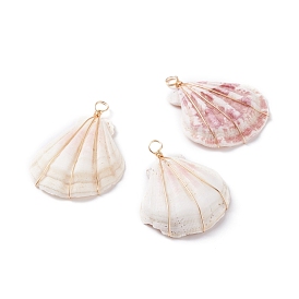 Natural Scallop Shell Pendants, with Real 18K Gold Plated Eco-Friendly Copper Wire