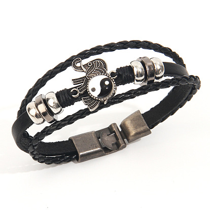Bohemian Style Black Leather Bracelet with Tai Chi Elephant Beads - Fashionable Handband.