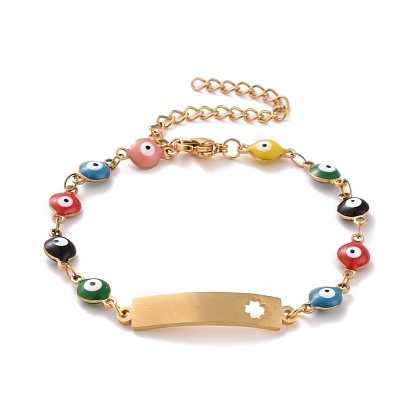 Вакуумное покрытие pvd 304 прямоугольник из нержавеющей стали с цветочным браслетом, красочный эмалевый браслет с цепями от сглаза для женщин