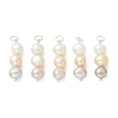Подвески из натурального пресноводного жемчуга, Двусторонние полированные подвески из бисера с петлями из нержавеющей стали, серебряный цвет гальваническим