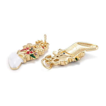 Christmas Themed Brass Micro Pave Cubic Zirconia Pendants, with Enamel and Jump Ring, Long-Lasting Plated, Christmas Sock