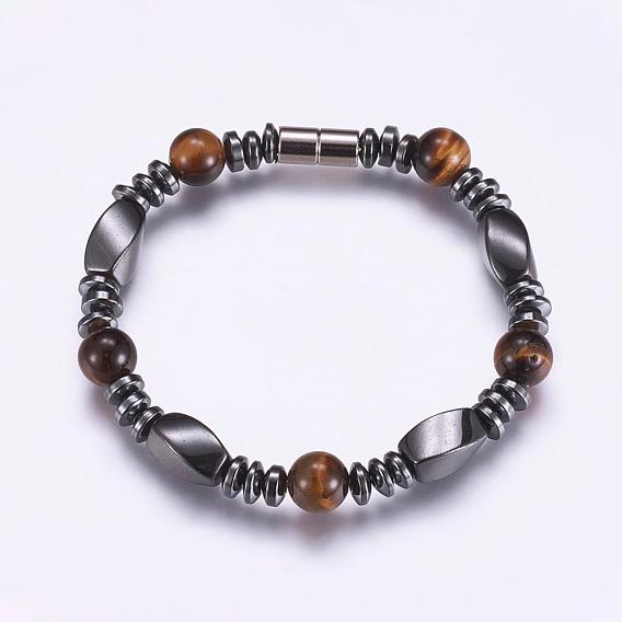Non-Magnetic Synthetic Hematite Beaded Bracelets, with Tiger Eye and Magnetic Clasps