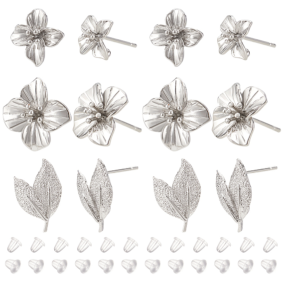 12шт 3 латунные серьги-гвоздики в стиле фурнитуры, с булавкой из стерлингового серебра 925 и вертикальными петлями, цветок и листья, с 30 пластиковыми ушными гайками