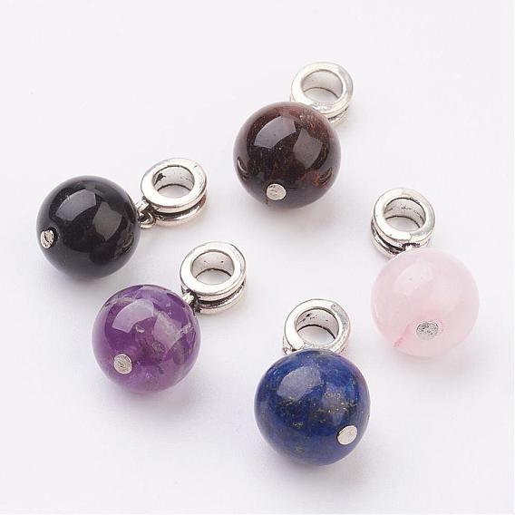 Alloy European Dangle Charms, Round, Large Hole Pendants, with Gemstone Beads, Antique Silver