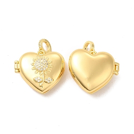 Eco-Friendly Rack Plating Brass Micro Pave Clear Cubic Zirconia Locket Pendants, Long-Lasting Plated, Lead Free & Cadmium Free, Heart with Sunflower