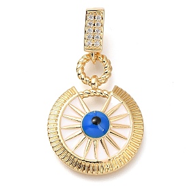 Brass Micro Pave Cubic Zirconia Pendants, with Enamel, Long-Lasting Plated, Flat Round with Eye Charms