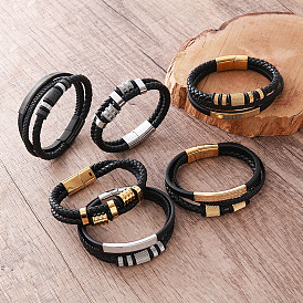 Vintage 304 Stainless Steel Braided PU Leather Multi-Strand Bracelets with Magnetic Clasps for Men, Black