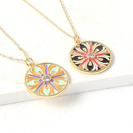 Colorful Geometric Fashion Necklace with Oil Drip and Zircon Inlaid Flower Pendant for Women
