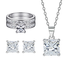 Luxury Square Zirconia Ring Earrings Necklace Set for Women in Sterling Silver