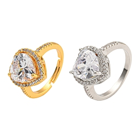 Rack Plating Brass Micro Pave Cubic Zirconia Adjustable Rings, Heart