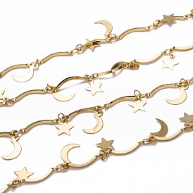 Brass Bar Link Chains, with Charms and Spool, Long-lasting Plated, Soldered, Star & Moon