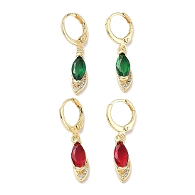 Real 18K Gold Plated Brass Dangle Leverback Earrings, with Cubic Zirconia and Glass, Horse Eye
