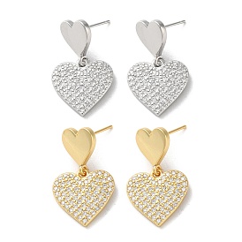 Brass Pave Clear Cubic Zirconia Stud Earrings for Women, Heart