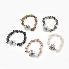 Pulseras de eslabones de cuentas de piedras preciosas, con fornituras de aleación, plano y redondo con tela de araña