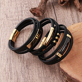 Vintage Braided Black PU Leather Multi-strand Bracelets with 304 Stainless Steel Magnetic Clasps for Men