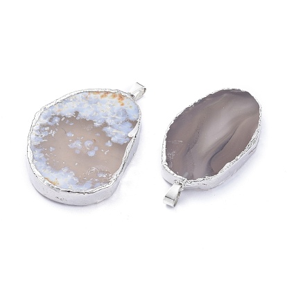 Natural Agate Pendants, with Edge Platinum Plated and Brass Bails, Nuggets