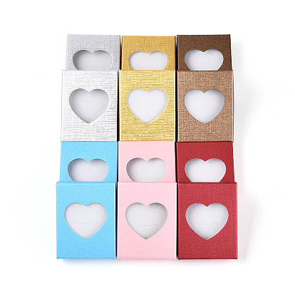 12шт. 6цвета картонные коробки для ювелирных изделий, для ожерелья, кольцо, серьга, с прозрачным окошком в форме сердца и белой губкой внутри., прямоугольные