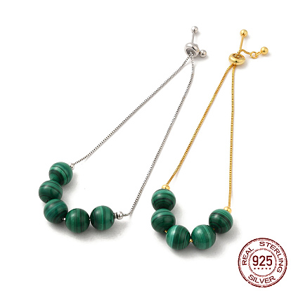 925 Sterling Silver Slider Bracelets, with Synthetic Malachite Round Beaded, with S925 Stamp