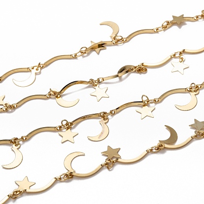 Brass Bar Link Chains, with Charms and Spool, Long-lasting Plated, Soldered, Star & Moon