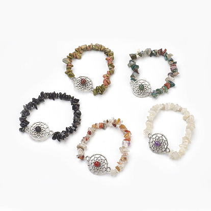 Pulseras de eslabones de cuentas de piedras preciosas, con fornituras de aleación, plano y redondo con tela de araña