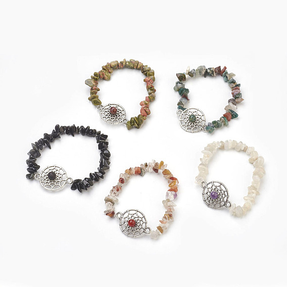Mixed Gemstone Chip Beads Link Bracelets, with Alloy Findings, Flat Round with Spider Web