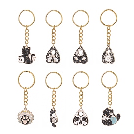 8Pcs Divination Style Alloy Enamel Keychains, with Iron Split Key Rings, Heart & Cat