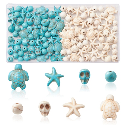 130pcs 8 styles de perles turquoise synthétiques teintes, crâne et étoile de mer et tortue ronde et de mer, formes mixtes