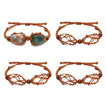 4 нейлоновый плетеный браслет, с бусинами из натурального дерева, мешочек из макраме пустой держатель камня для регулируемого изготовления браслета