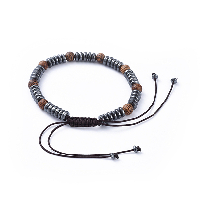 Nylon Thread Braided Beads Bracelets, with Non-Magnetic Synthetic Hematite Beads and Wood Beads