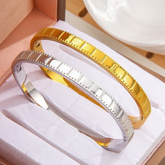304 Stainless Steel Open Hinged Cuff Bangles, Rectangle Textured