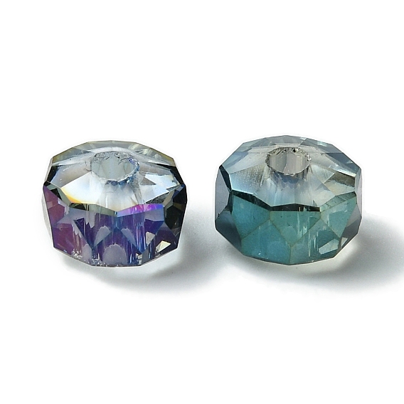 Прозрачный Electroplate стеклянные бусины, бусины с большим отверстием, с полным покрытием цвета радуги, плоско-круглые