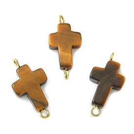 Natural Tiger Eye Connector Charms, with Golden Plated 304 Stainless Steel Double Loops, Cross Links