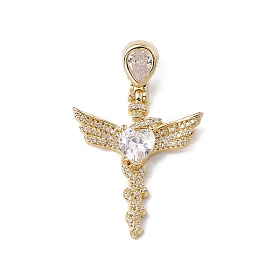 Brass Micro Pave Clear Cubic Zirconia Pendants, Cadmium Free & Nickel Free & Lead Free, Rack Plating, Wing Staff
