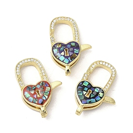 Brass Micro Pave Clear Cubic Zirconia Lobster Claw Clasps, with Enamel & Shell, Long-Lasting Plated, Lead Free & Cadmium Free, Real 18K Gold Plated, Heart