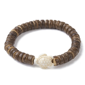 Natural Coconut Disc & Synthetic Turquoise Turtle Beaded Stretch Bracelet for Women