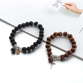 Wood Beads Stretch Bracelets, Cross Alloy Charm Bracelets for Men Women
