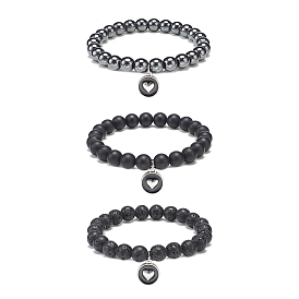 3Pcs 3 Style Natural Black Agate(Dyed) & Lava Rock & Synthetic Hematite Round Beaded Stretch Bracelets Set, Alloy Enamel Heart Charms Stackable Bracelets for Men Women