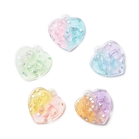 Two Tone Transparent Resin Pendants, with Glitter Powder, Heart Charm with Music Note Pattern