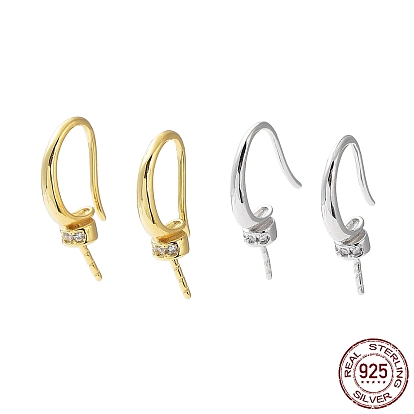 Rhodium Plated 925 Sterling Silver Micro Pave Cubic Zirconia Earring Hooks, Ear Wire with Pinch Bails, for Half Drilled Bead, with S925 Stamp