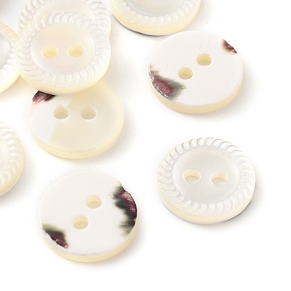 Carved Natural Shell Buttons, 2-Hole Flat Round