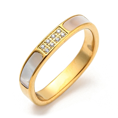304 Stainless Steel Rectangle Finger Ring, with White Shell and Cubic Zirconia