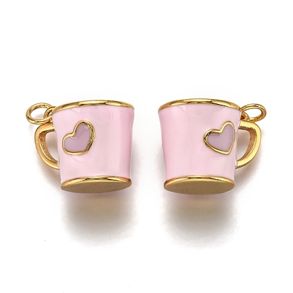 Brass Pendants, with Enamel and Jump Rings, Cup with Heart Pattern, Real 18K Gold Plated