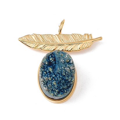 Electroplated Natural Druzy Quartz Pendants, with Ion Plating(IP) 304 Stainless Steel Findings, Blue Plated, Leaf & Oval