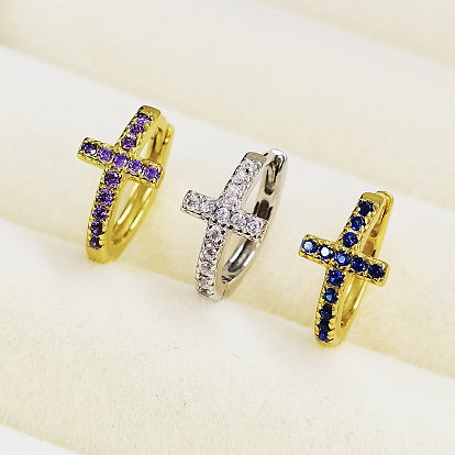S925 Sterling Silver Cross Hoop Earrings, with Cubic Zirconia