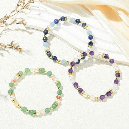 3шт. 3 модели браслетов для женщин из натуральных смешанных драгоценных камней, немагнитного синтетического гематита и жемчуга из ракушек, круглые