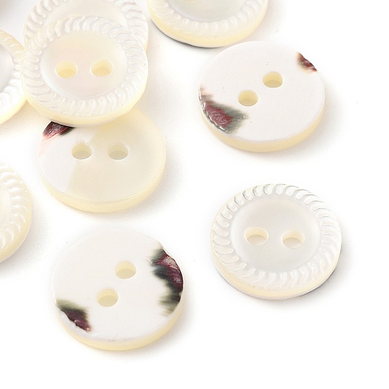 Carved Natural Shell Buttons, 2-Hole Flat Round